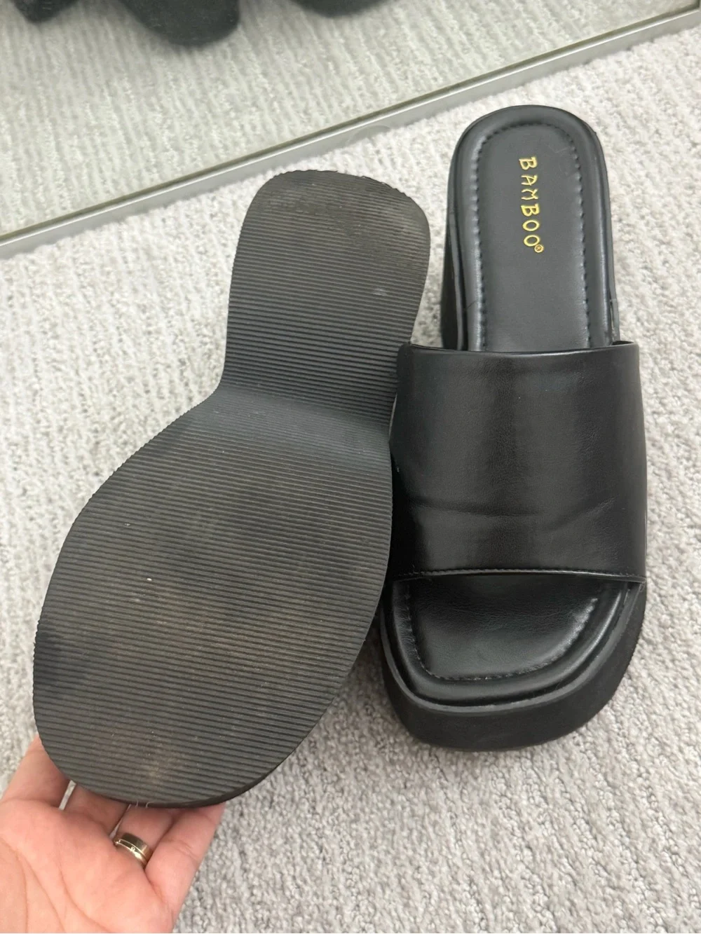 Miss Lola Black Platform Slide Wedges